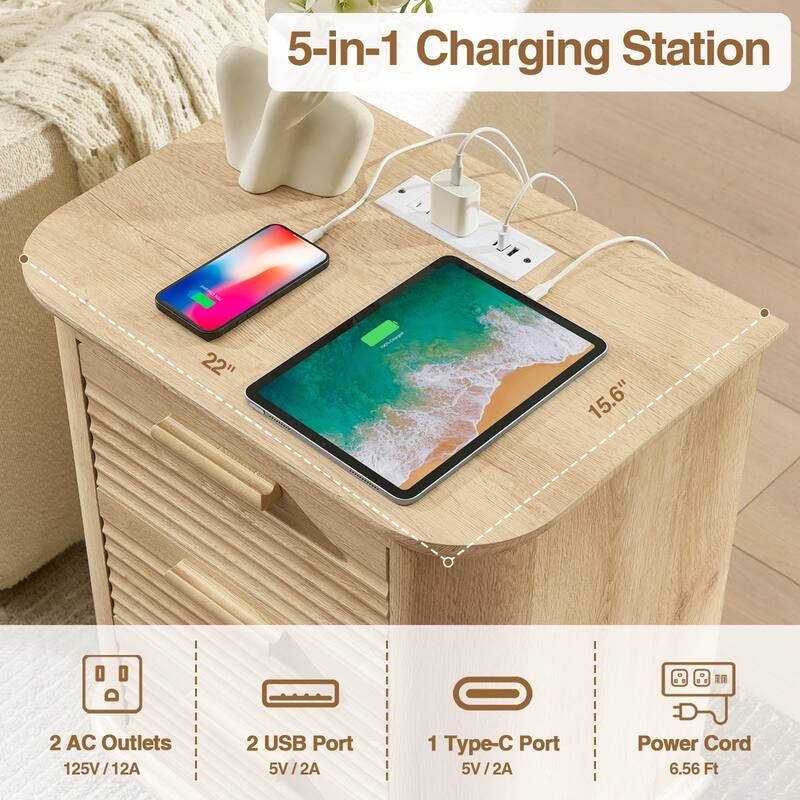 22" Wide Fluted Nightstand with Charging Station, Modern End Table, Wood 3 Drawer Dresser, Large Bedside Tables