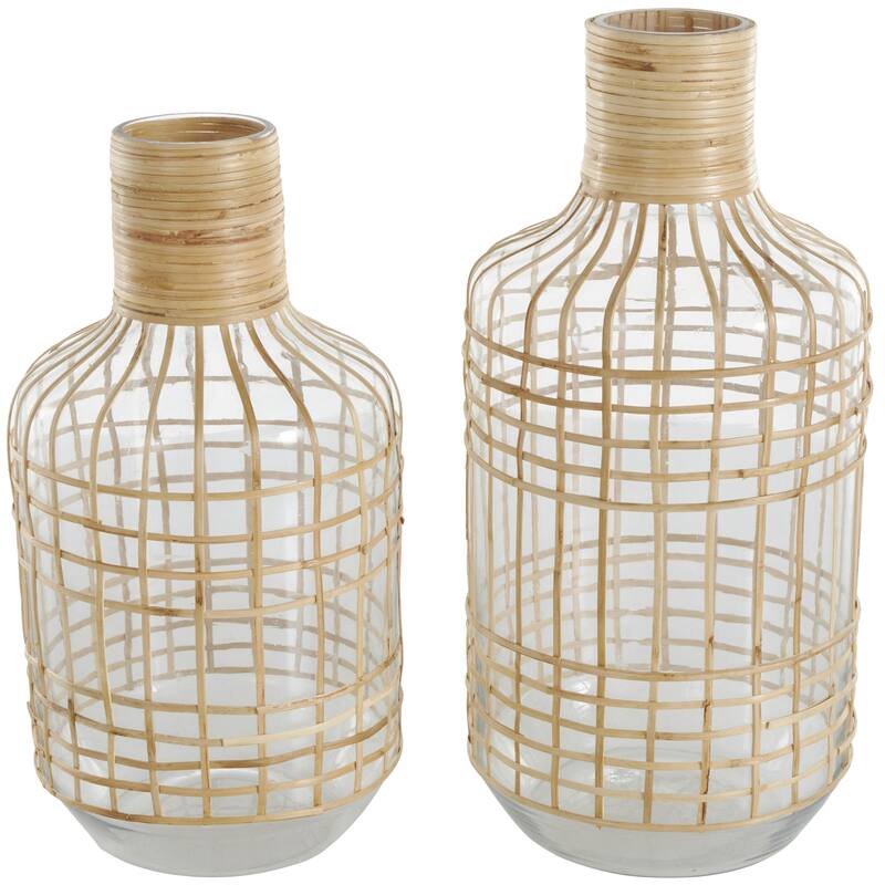 Glass Handmade Rattan Wrapped Decorative Vase - Set of 2 Clear - Roche River Decor - Clear - 15", 13"H
