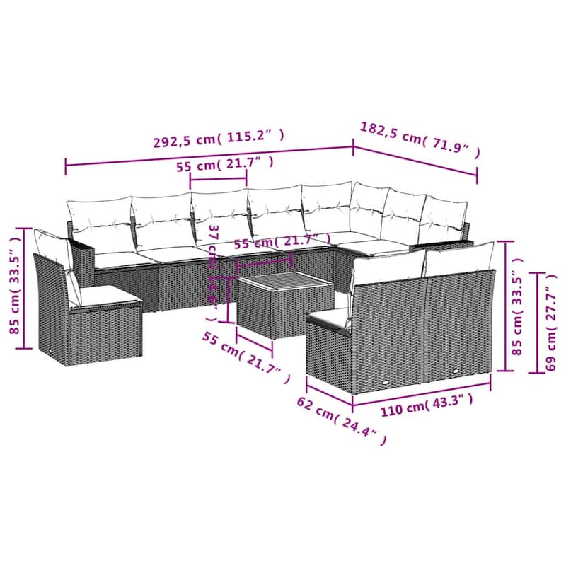 vidaXL Patio Sofa Set with Cushions Outdoor Furniture 11 Piece Poly Rattan - 25.8 x 24.4 x 27.2