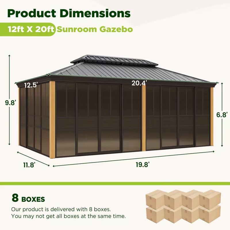 Erommy Outdoor Solarium Sunroom, Patio Hardtop Gazebo, Aluminum Frame Permanent Gazebo with Sliding Doors and Screens