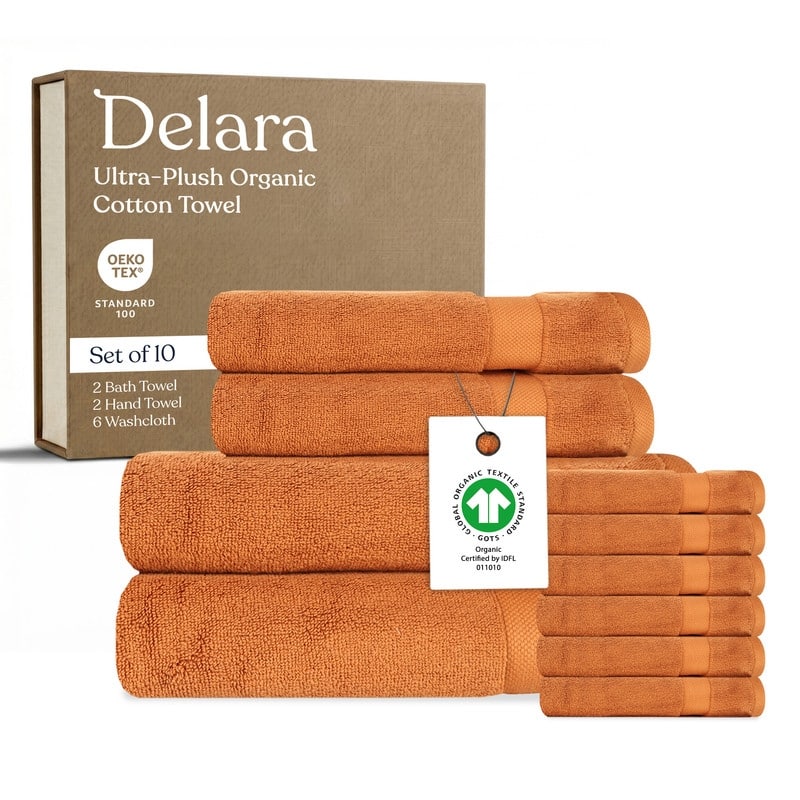 Delara Organic Cotton Luxuriously Plush Towel 10 Piece Set | GOTS & OEKO-TEX Certified | 650 GSM Long Staple