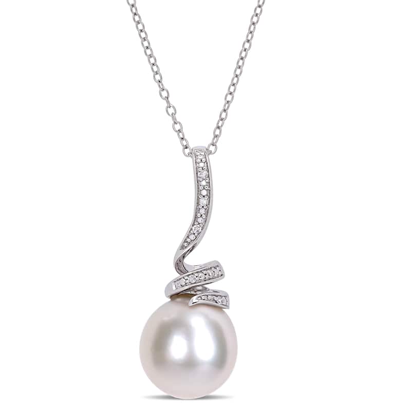 Miadora 11-12mm Cultured Freshwater Pearl and Diamond Accent Swirl Drop Sterling Silver