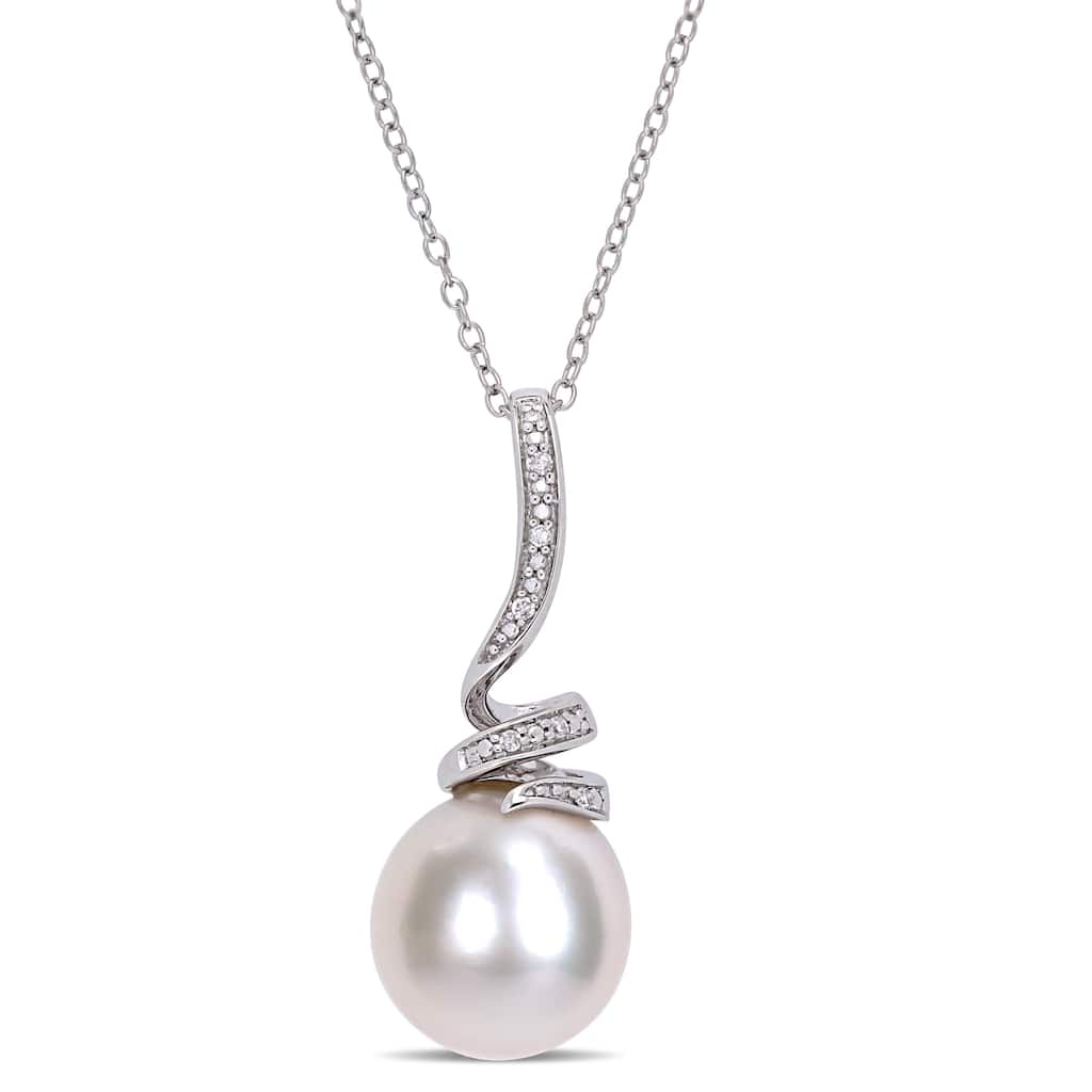 Miadora 11-12mm Cultured Freshwater Pearl and Diamond Accent Swirl Drop Sterling Silver