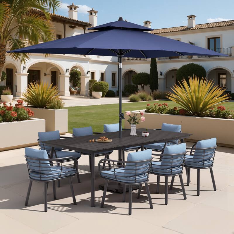 11-Piece Outdoor Patio Dining Set with Sunbrella Cushion Aluminum Dining Table and Chairs w/10 ft Umbrella and Base with Wheels