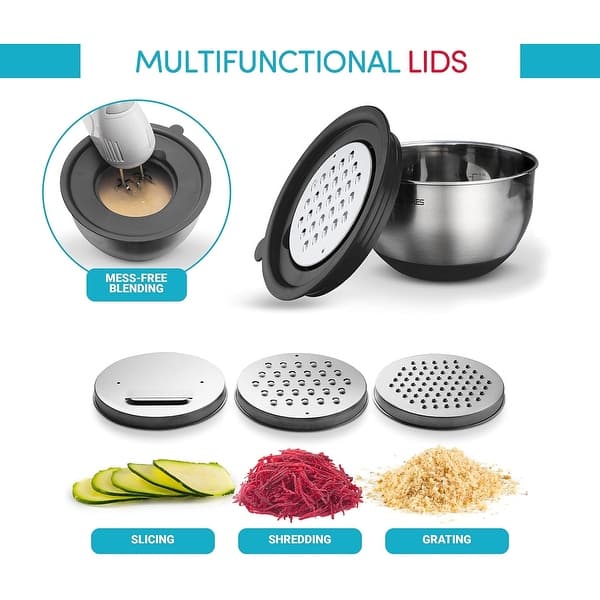 Belwares 5-Piece Stainless Steel Mixing Bowls with Airtight Lids and Graters - Non-Slip Nesting Bowls Set