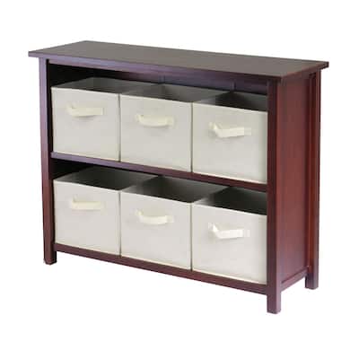 Verona 7-Pc Storage Shelf with 6 Foldable Fabric Baskets, Walnut and Beige - 38.98" x 12.99" x 30"