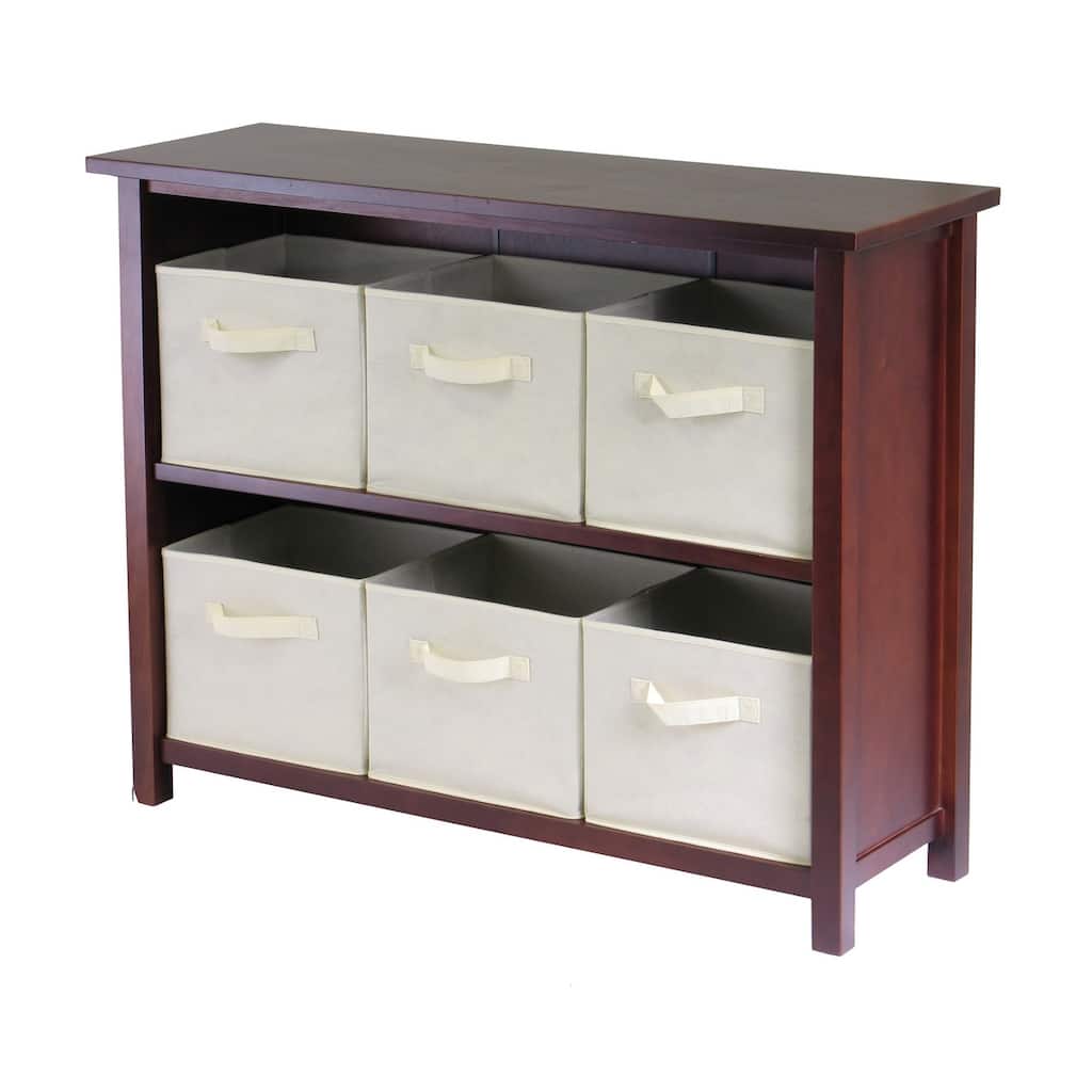 Verona 7-Pc Storage Shelf with 6 Foldable Fabric Baskets, Walnut and Beige - 38.98" x 12.99" x 30"