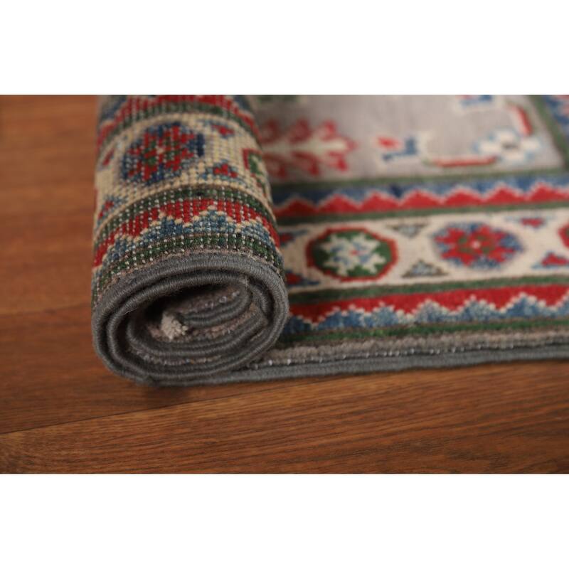 Gray Geometric Kazak Oriental Accent Rug Hand-Knotted Wool Carpet - 2'0"x 3'0" - 2'0"x 3'0" - Grey