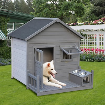 Outdoor Detachable Wooden Dog House Pet House with Lockable Door, Patio, 2 Metal Bowls, Suitable for Medium and Large Dogs