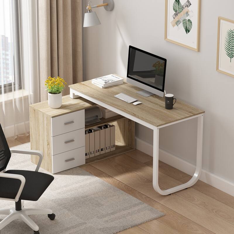 55" L Shaped Desk Writing Computer Desk Storage Workstation 5 Colors - Oak