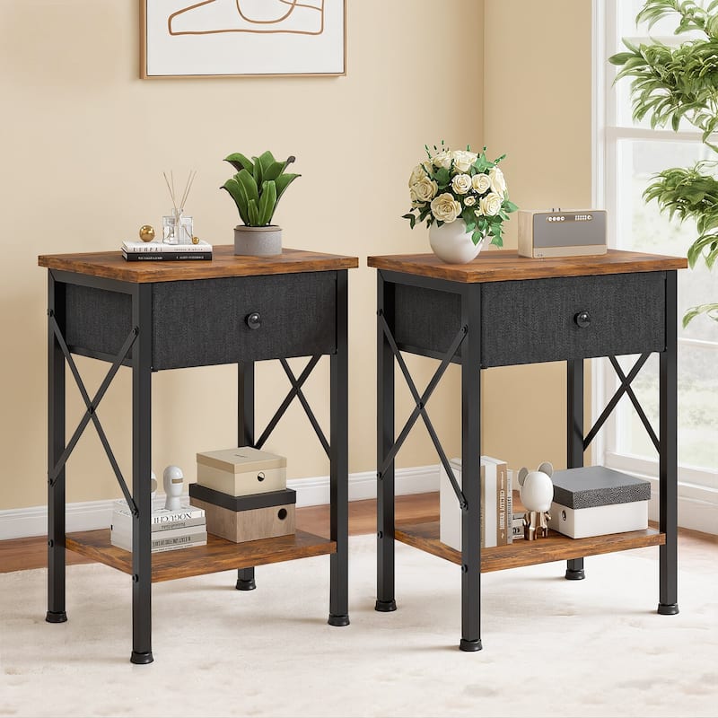 Javlergo 2 Pack X Frame Nightstand with Removable Fabric Drawer Easy to Clean Multifunctional End Table with Open Shelf - Chocolate Brown