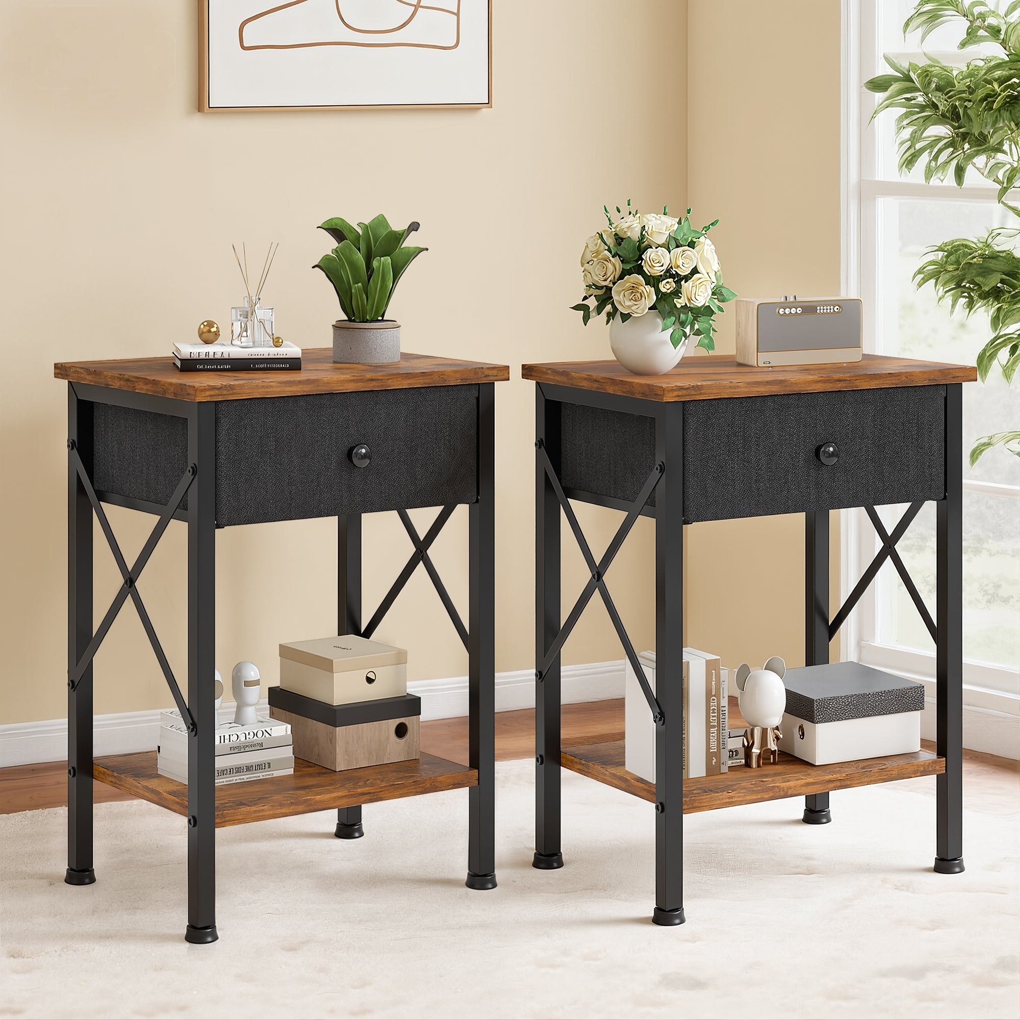 Javlergo 2 Pack X Frame Nightstand with Removable Fabric Drawer Easy to Clean Multifunctional End Table with Open Shelf