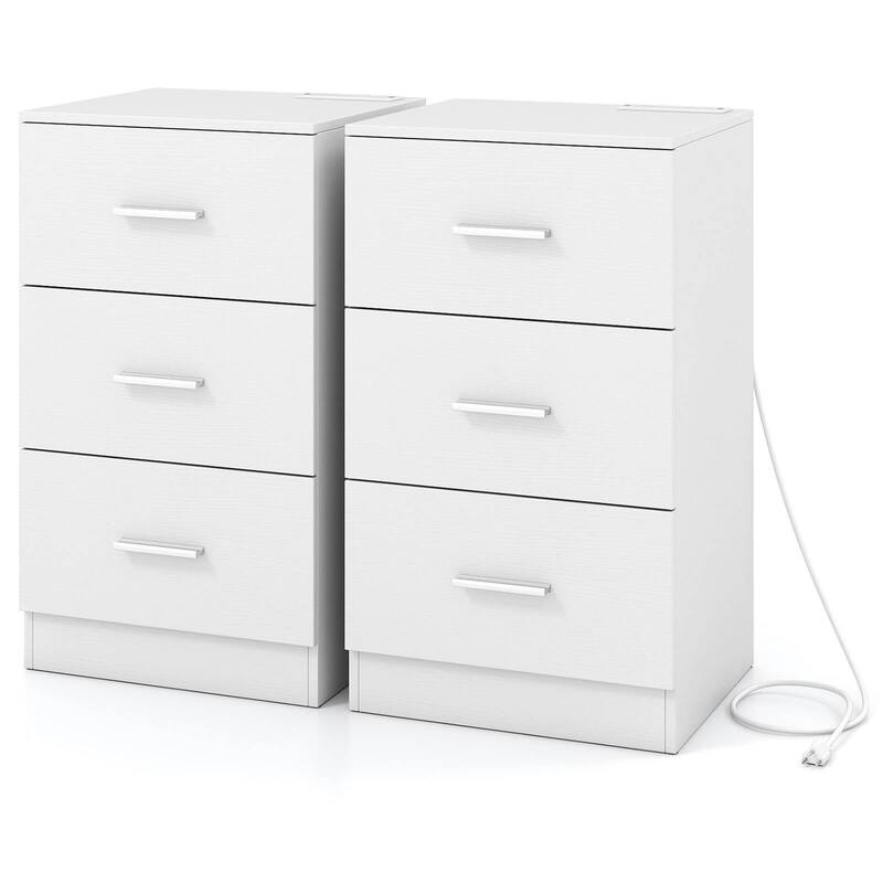 Costway 1/2 PCS Nightstand with Charging Station, 3 Storage Drawers
