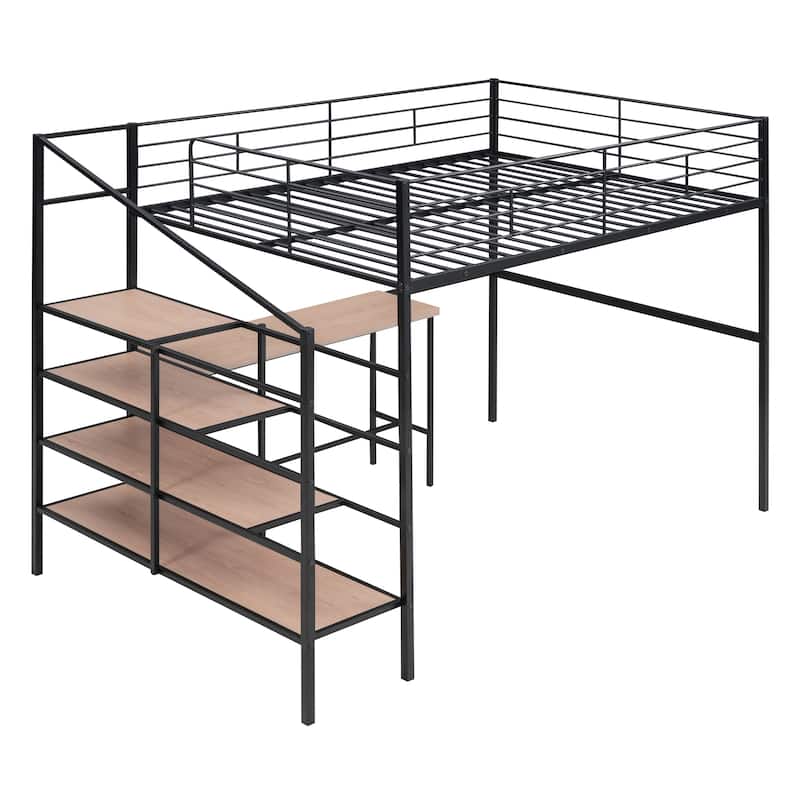 Contemporary Full Metal Loft Bed with Large Desk and Shelving Ladder, Space-Saving Design