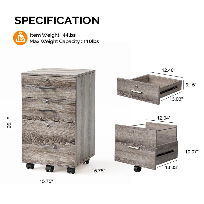 File Cabinet 3-Drawer Rolling Wood with Lock