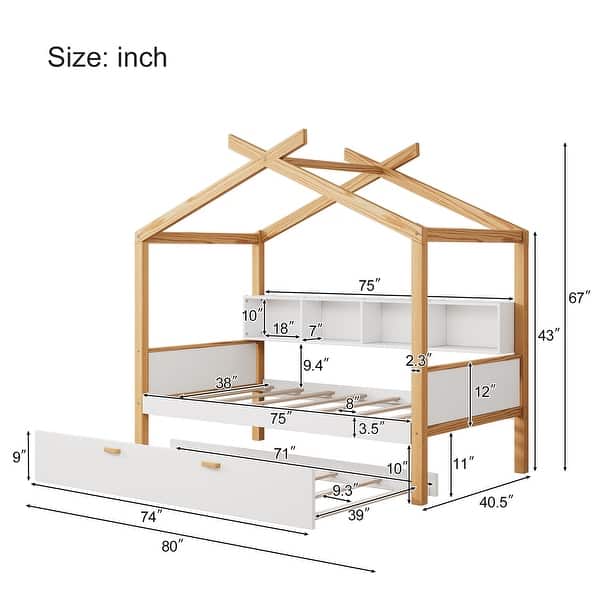 dimension image slide 3 of 5, House-shaped Bed Frame for Bedroom Kids Boys Girls Daybed with Side Bookcase, Available with Trundle Bed or Storage Drawers