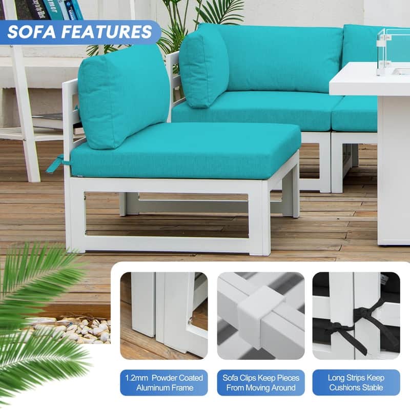 FINCATI 7 Piece Aluminum Outdoor Furniture Set with Propane/Natural Gas Fire Pit Table, 29" Wide Outdoor Sectional Sofa for 6