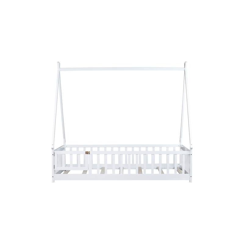 Full Size Rubber Wood Tent-shaped Floor Bed with Guardrails