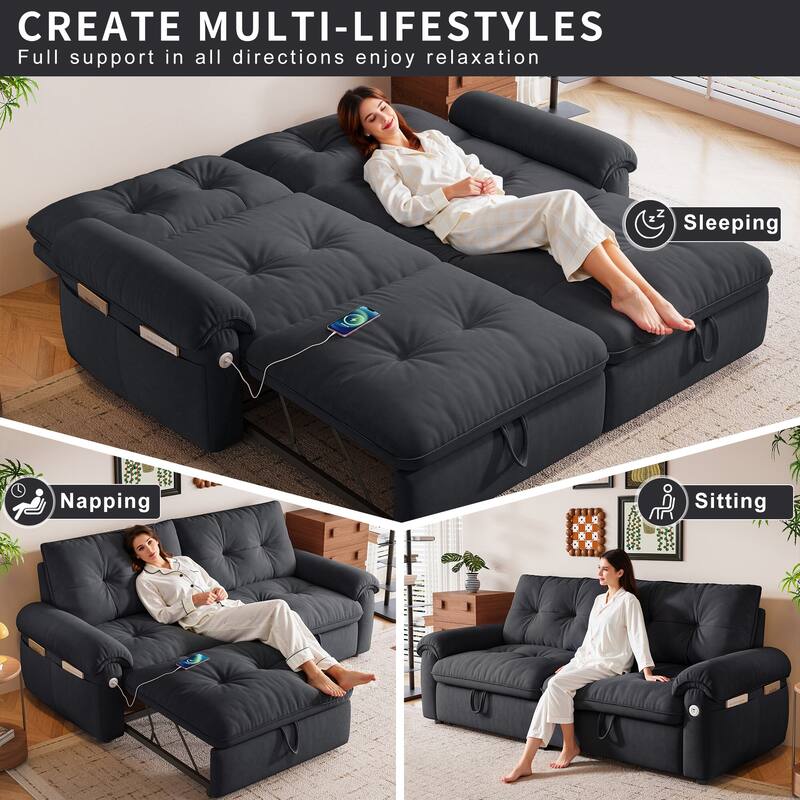 2-in-1 Velvet Pull Out Sleeper Sofa Bed Convertible Loveseat Couch for Sitting, Napping or Sleeping with Side Pockets and USB