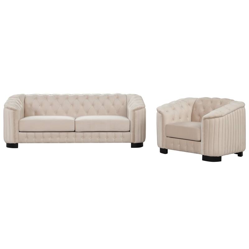3-Piece 6-Seat Velvet Sofa Set (3+2+1) with Tufted Back & Rubber Wood Legs