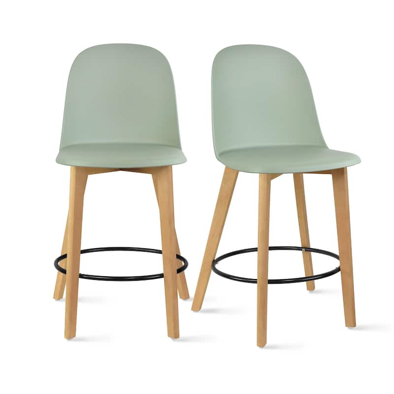 Set of 2 Designer Eiffel Chairs Counter Stools With Backs Side Molded Shell Kitchen Office Dining Dowel Bar Patio - Green