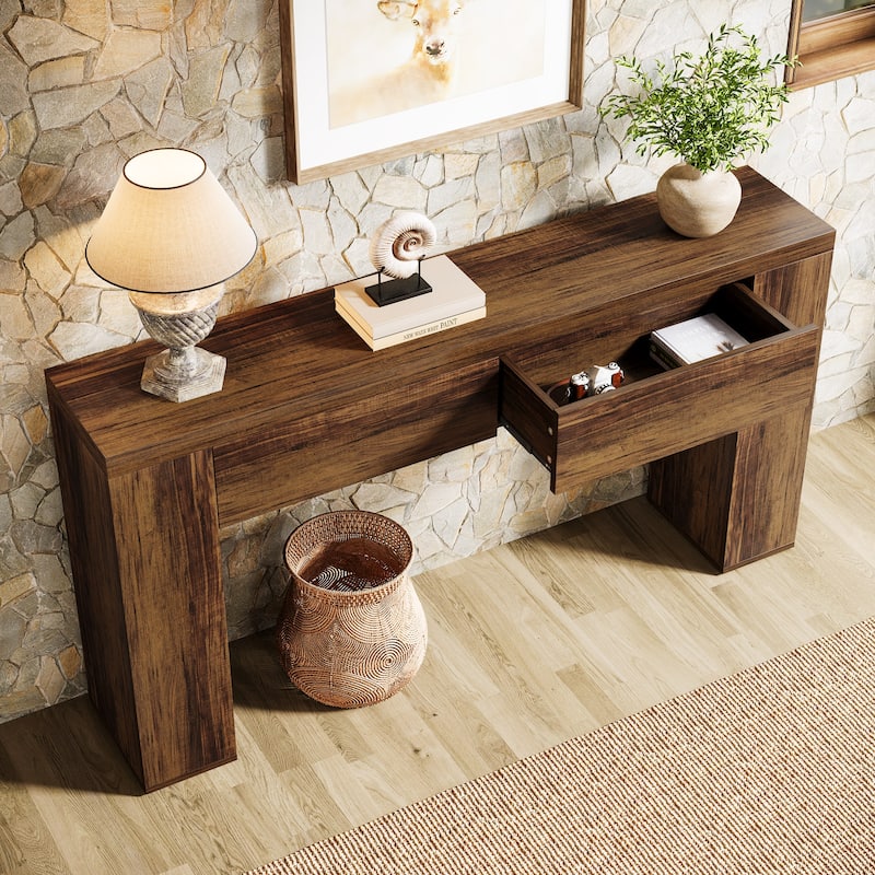 63" Wood Console Table With Drawers, Rustic Brown Sofa Console Table - RusticBrown