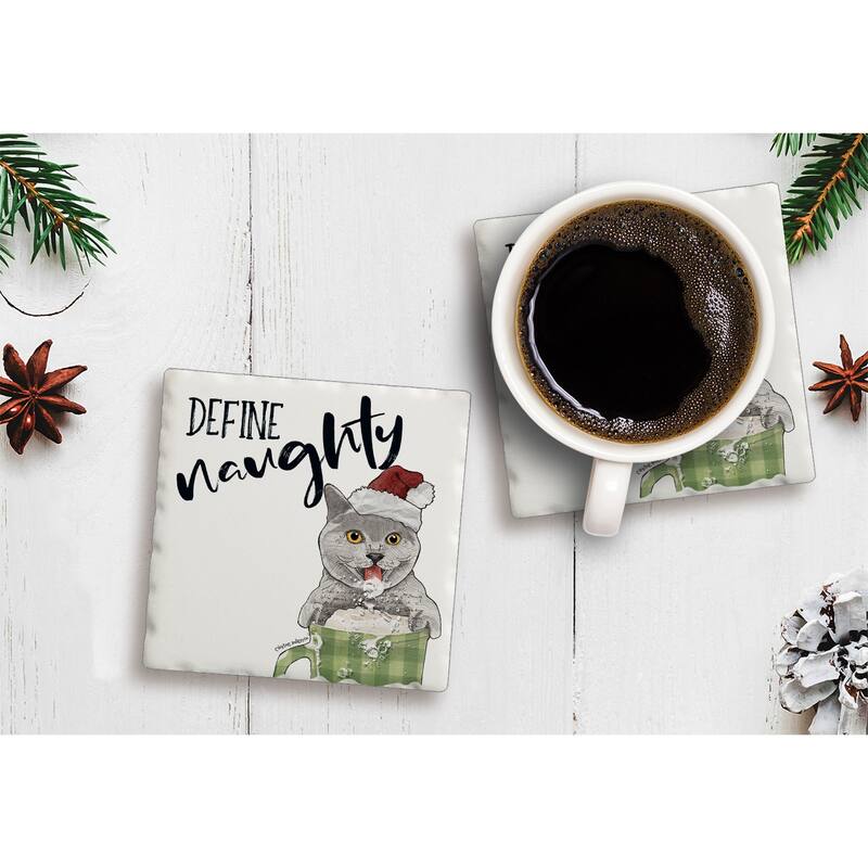 Define Naughty Cat 4 Pack Tumbled Tile Stone Coaster with Protective Cork Backing Manufactured in The USA 4" Square - 4x4x269