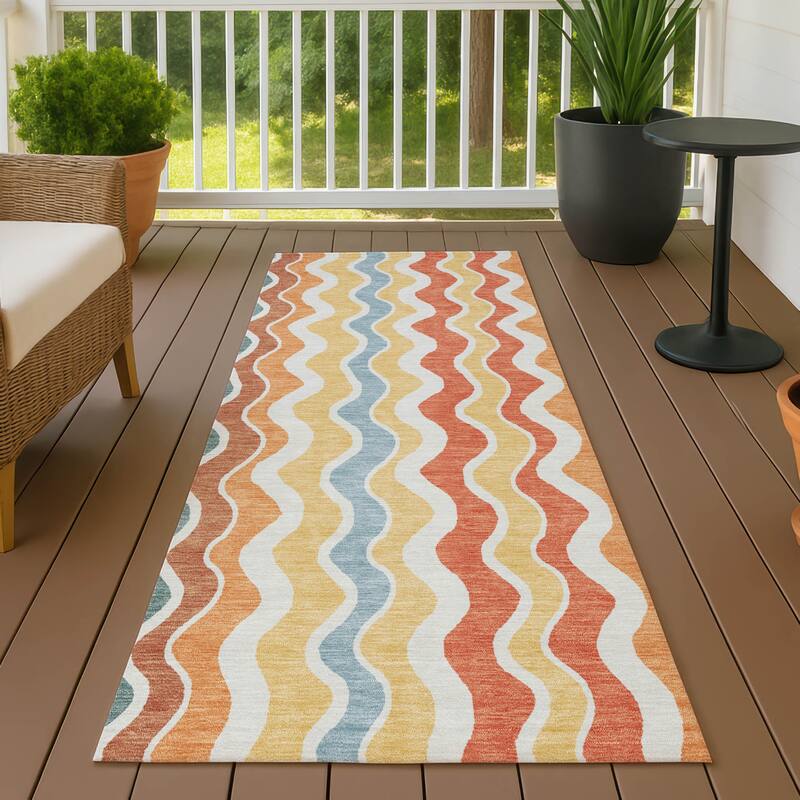 Machine Washable Indoor/ Outdoor Funky Stripe Chantille Rug - Coral - 2'3" x 7'6"