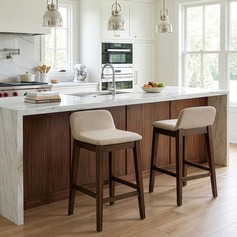 Set of 2 Atia Dark Brown Rubberwood Barstool with Low Back Fabric Seat