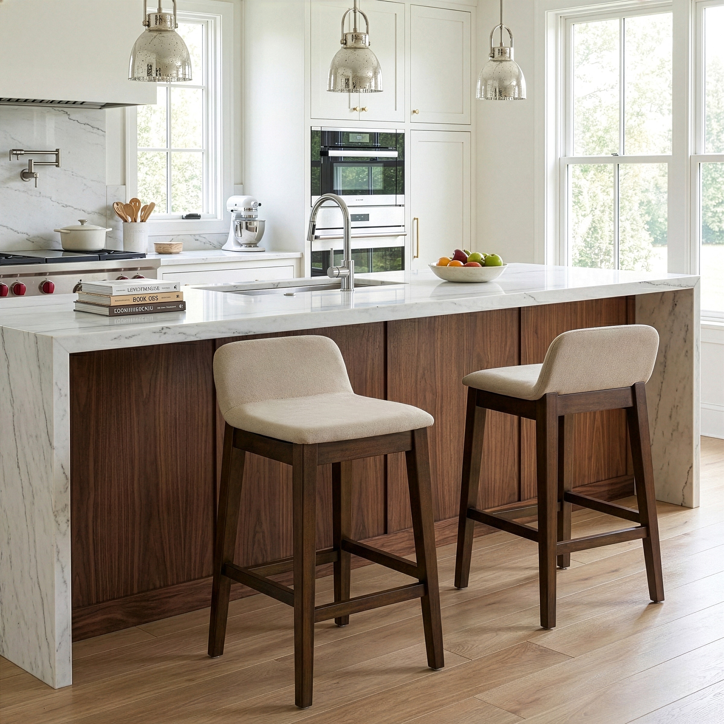 Atia Dark Brown Rubberwood Stool with Low Back Seat (Set of 2)
