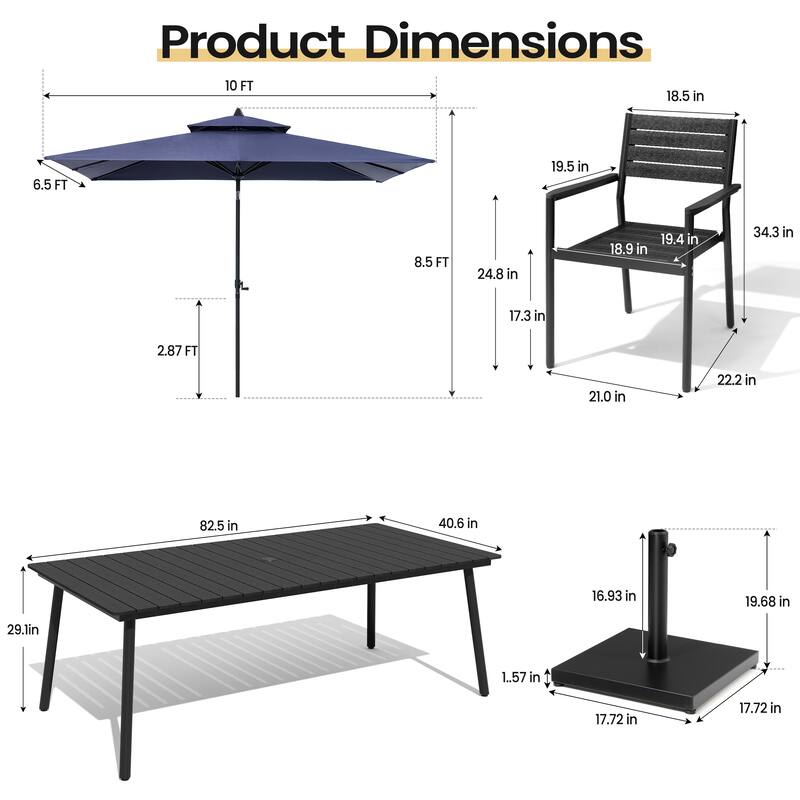 11PC Outdoor Patio Dining Set Aluminum Table with Stackable Armchairs w/ Market Umbrella Set