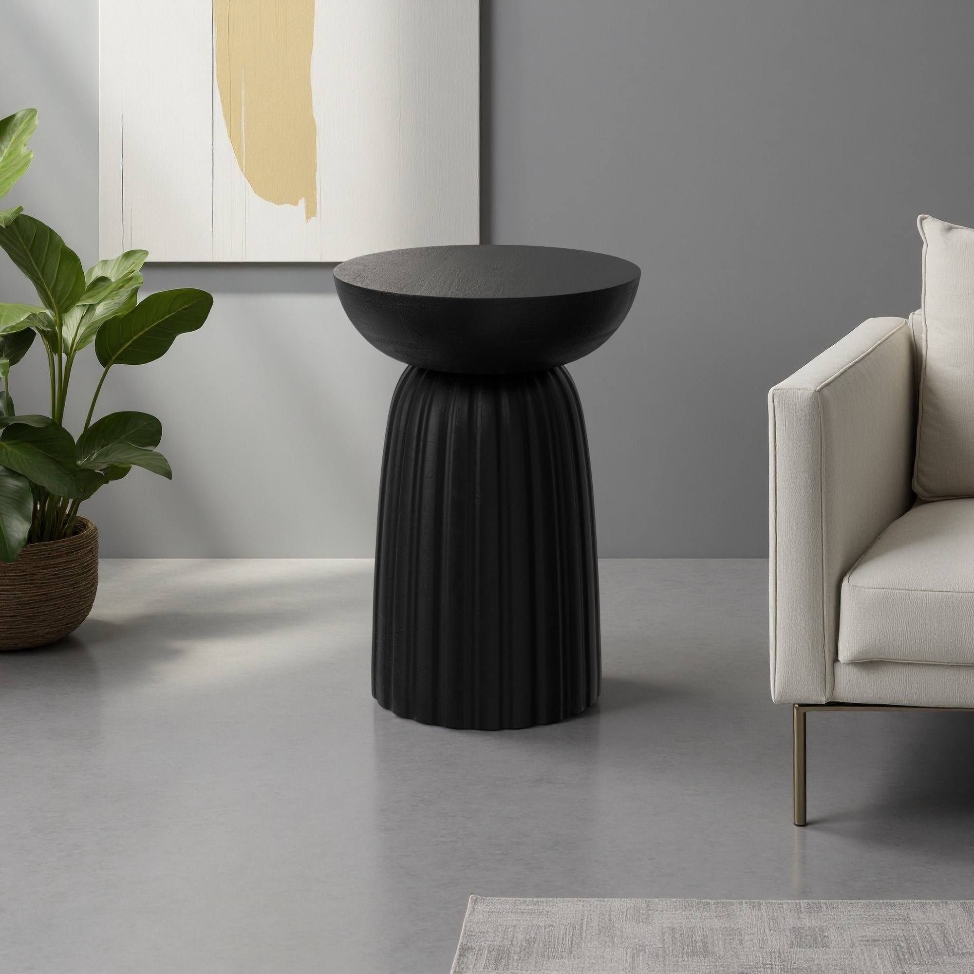 12.6" Solid Mango Wood Black Striped Carved Accent Table, Textured Side Table, Modern Nightstand