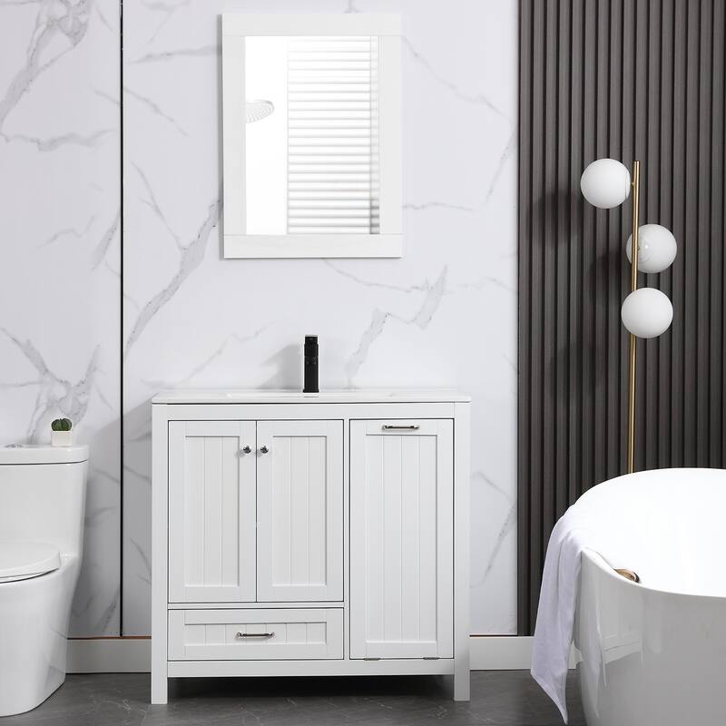 36" Bathroom Vanity Sink Combo with Laundry Hamper Ceramic Sink Storage Cabinet - White