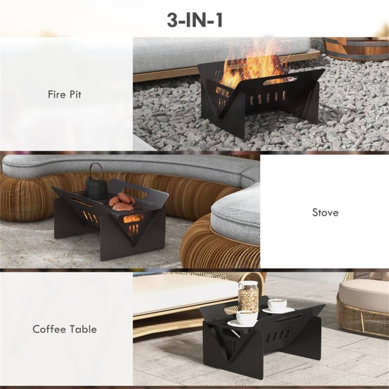 3-in-1 Portable Fire Pit Stove and Coffee Table Black Steel Outdoor Camping with Carry Bag - 16.25" L x 11.75" W x 8.75" H - Black
