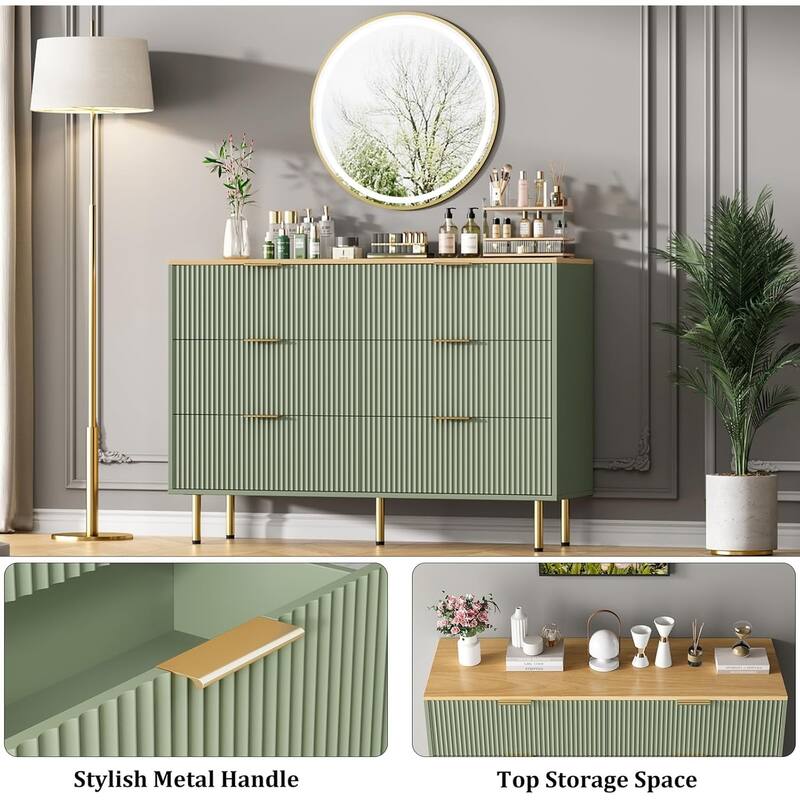 Fluted 6 Drawer Dresser for Bedroom, Large Chest with Gold Handle, Modern Wood Organizer for Living Room or Hallway