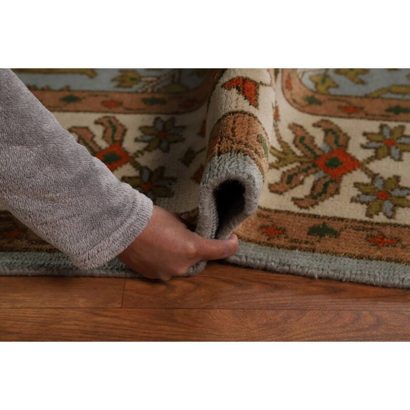Light Blue Geometric Oushak Indian Area Rug Hand-Knotted Wool Carpet - 9'0"x 11'9"