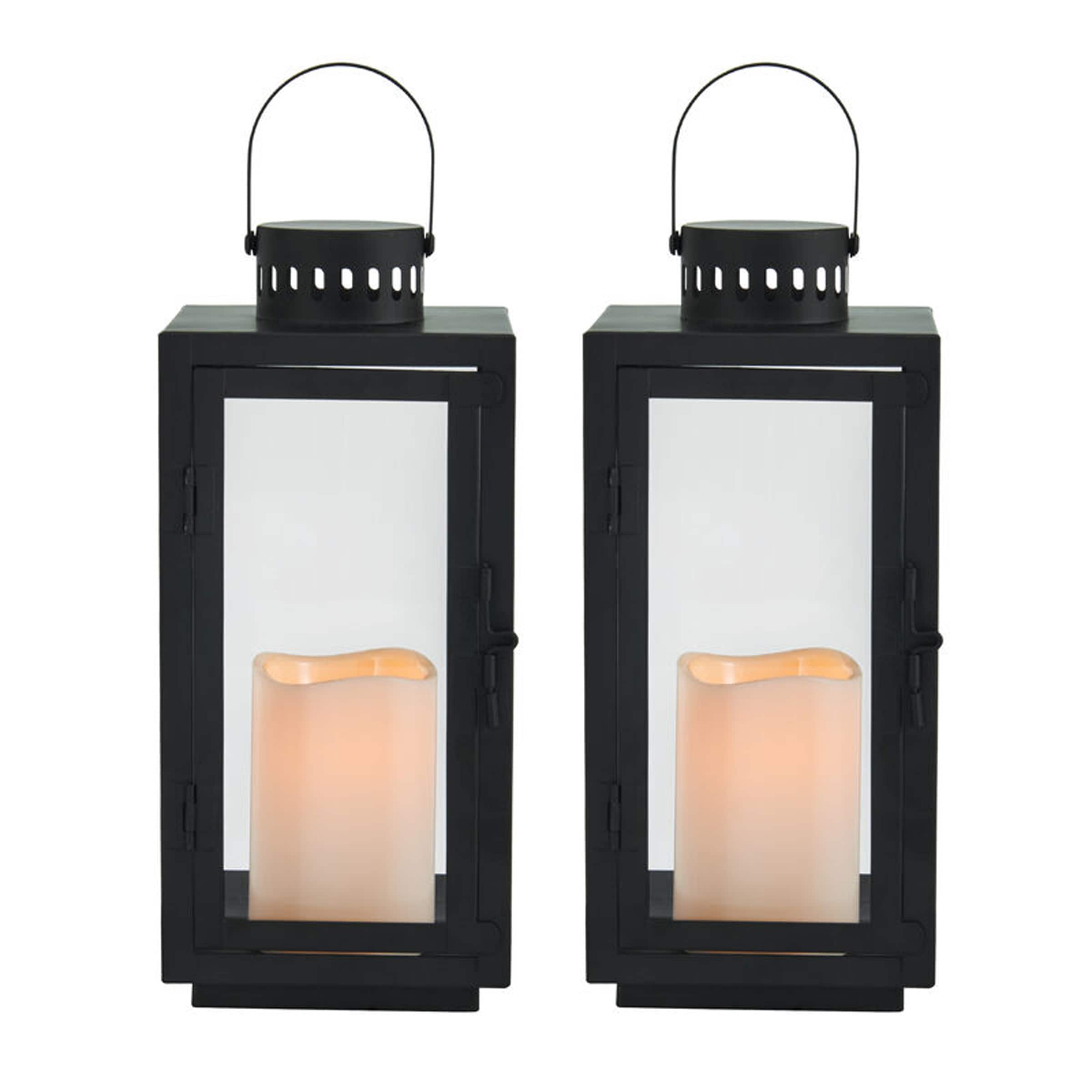 Elements Set of 2 Black Rectangular Metal Lanterns, 12 Inch
