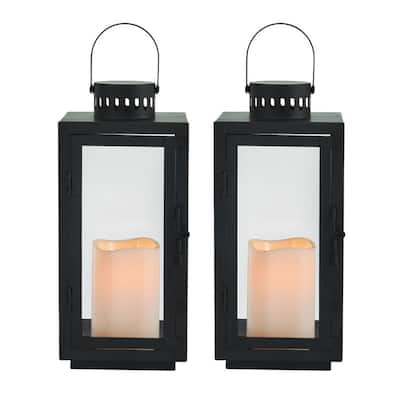 Elements Set of 2 Black Traditional Metal Lanterns, 12 Inch