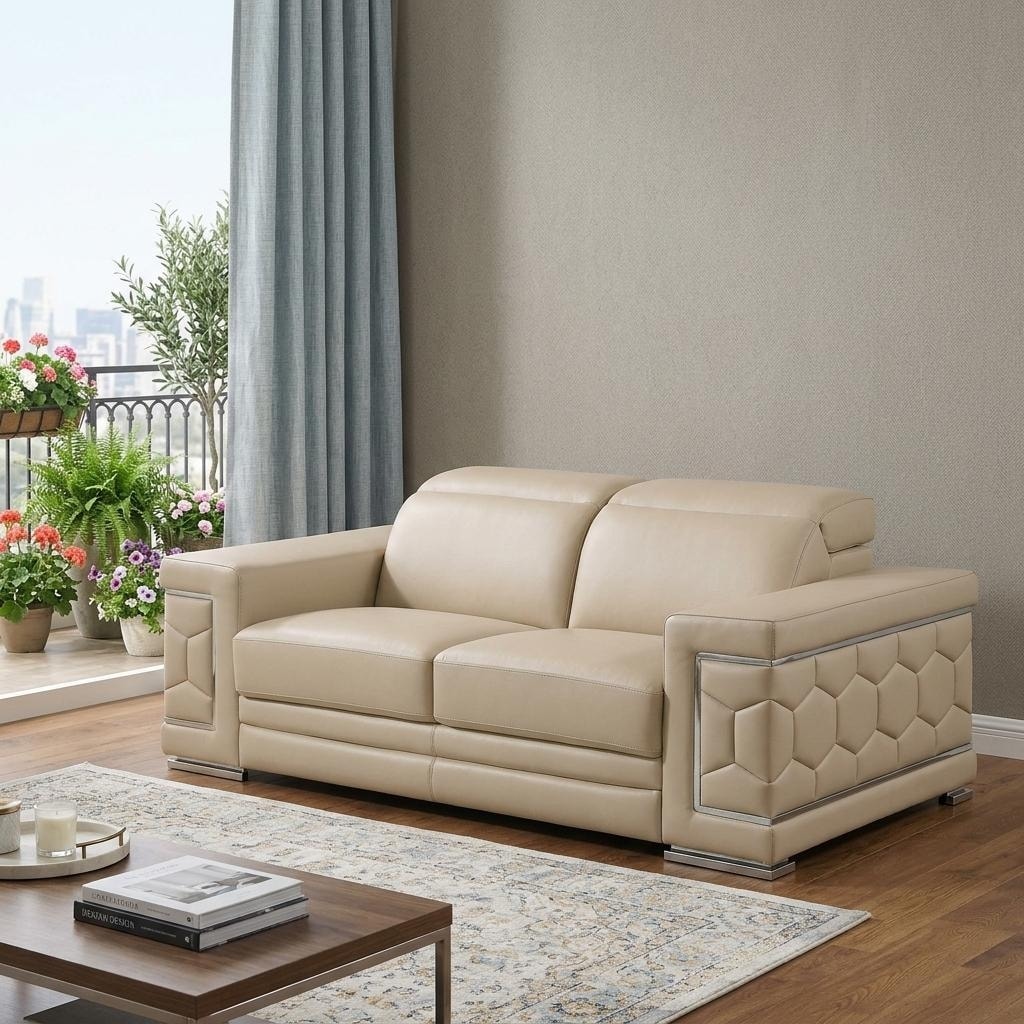HomeRoots 71" Beige And Silver Genuine Leather Loveseat - 71.00 in. x 29.00 in. x 41.00 in.