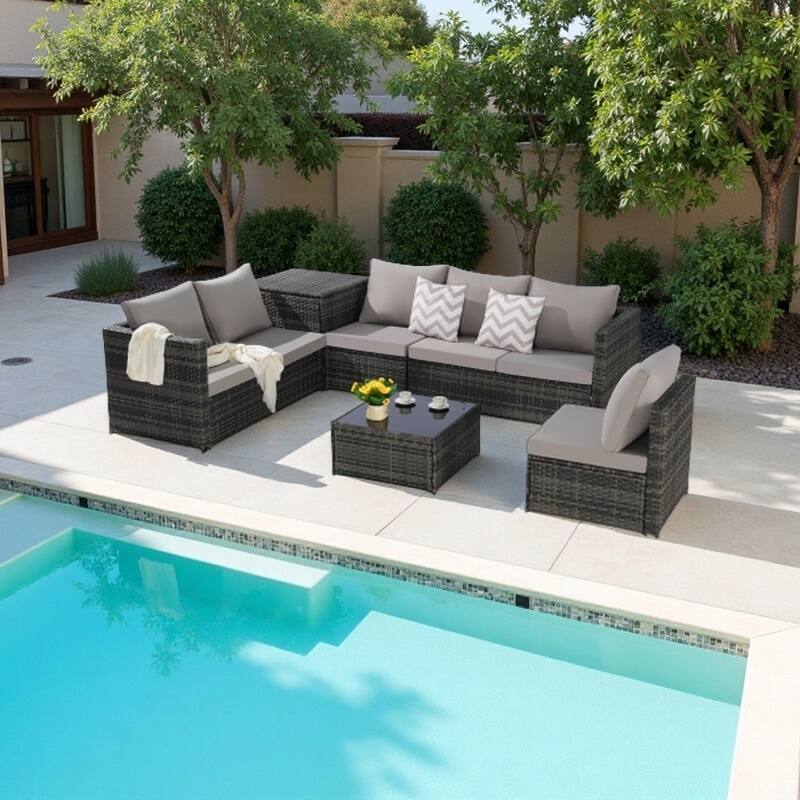 6-Piece Outdoor Wicker Sectional Patio Furniture Set with Storage Corner, and Tempered Glass Coffee Table - Light Gray