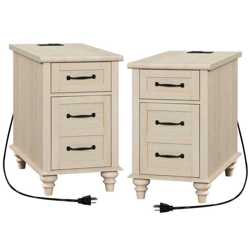 End Table with Charging Station, Side Table with Storage, 2 Power outlets & 2 USB Ports for Living Room - 2 Pack - Beige