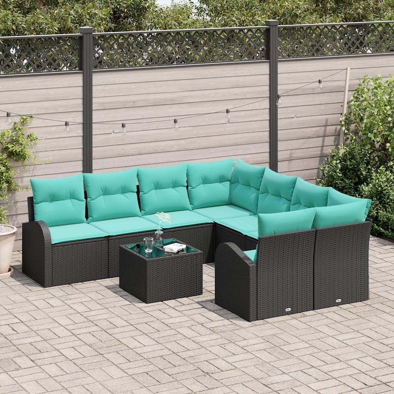 vidaXL 9 Garden Sofa Set with Cushions Black/Brown/Grey Poly Rattan - 92.1 x 92.1 x 27.2