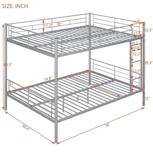 dimension image slide 1 of 3, Metal Full over Full Bunk Bed Frame with Ladder, Full-length Guardrail for Kids, Teens - Convertible into 2 Separate Full Beds
