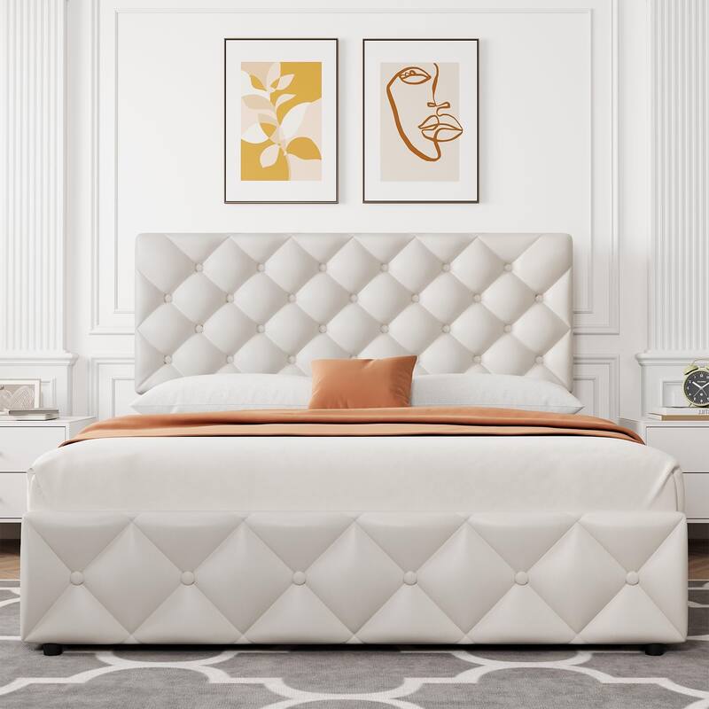 PU Leather Bed Frame with Adjustable Headboard and 4 Storage Drawers