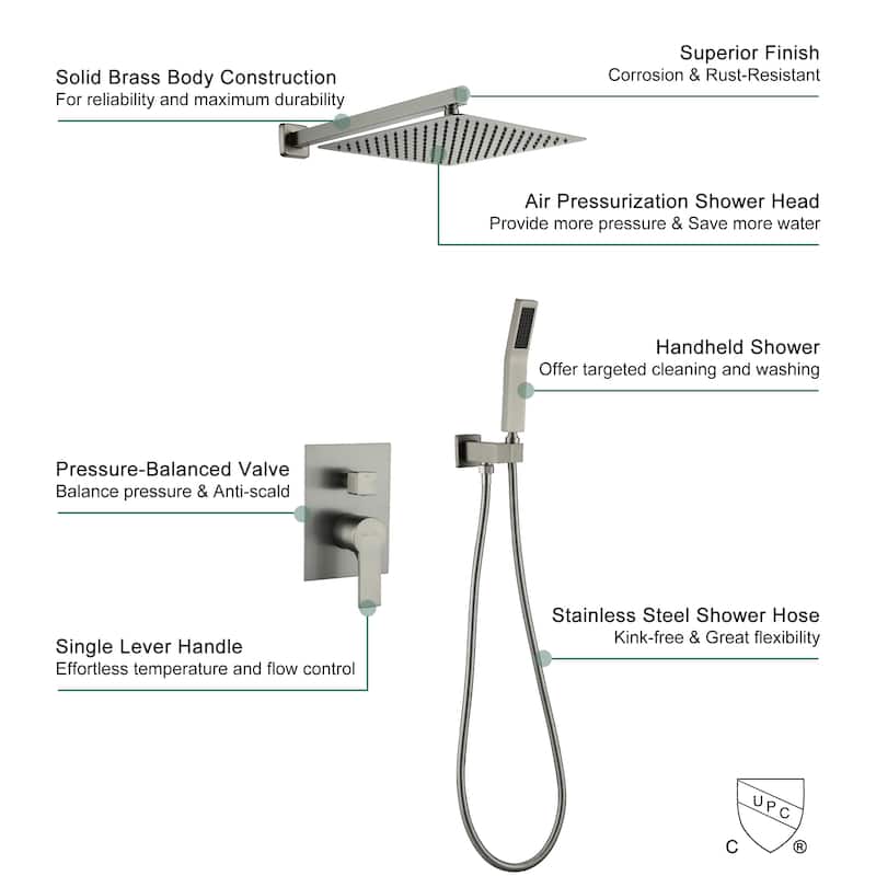 2.5 GPM 12 in. Wall Mount Dual Shower Heads with Pressure Balance Valve