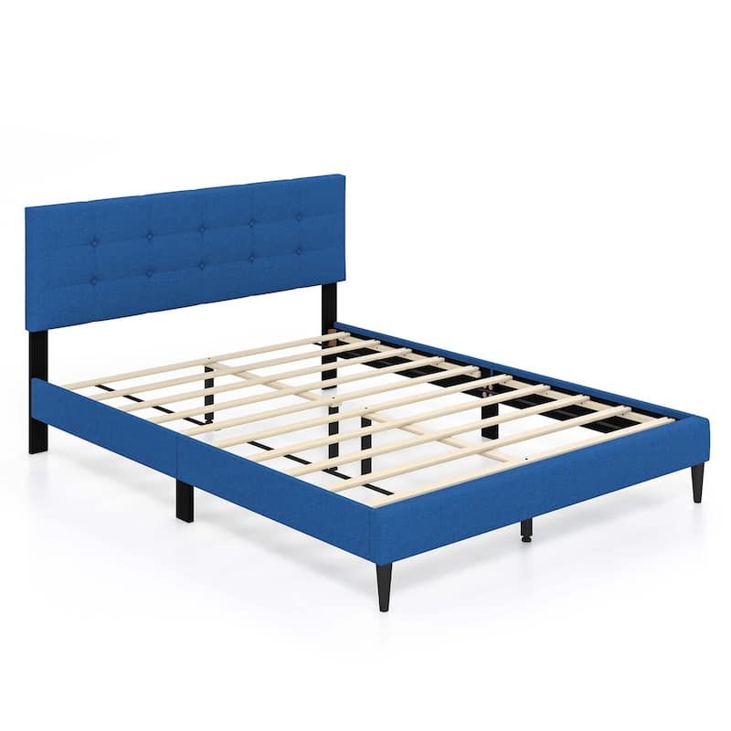 Queen Upholstered Platform Bed Mattress Foundation Headboard Blue/Grey - Blue