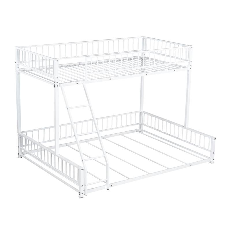Roomfitters Twin/Full XL over Queen Floor Bunk Bed Frame with Ladder and Safety Guardrails Easy Assembly, Black
