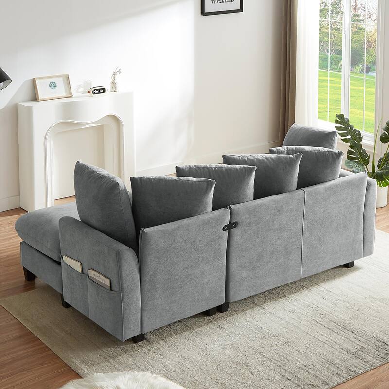Chenille Sectional Sofa L-shaped Sofa with Movable Ottoman, Upholstered Sectional Sofa with 6 Throw Pillows, Bottom storage