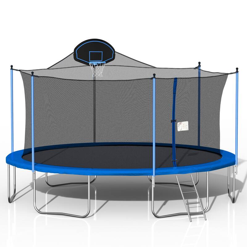 16FT Trampoline for Adults & Kids with Basketball Hoop, Double-sided cover,Outdoor Trampolines w/Ladder and Safety Enclosure Net
