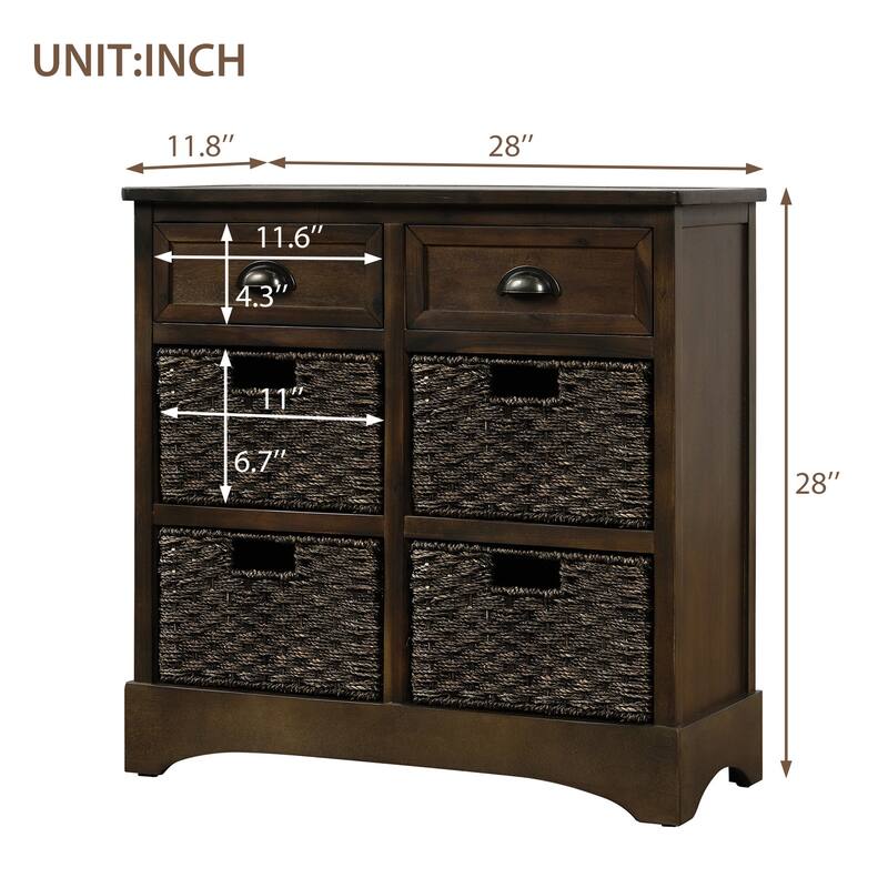 Rustic Storage Cabinet with Two Drawers and Four Classic Rattan Basket for Dining Room/Entryway/Living Room